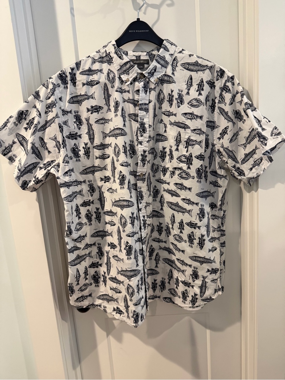Eddie Bauer White & Navy Short-Sleeve Button-Down with Fish Print